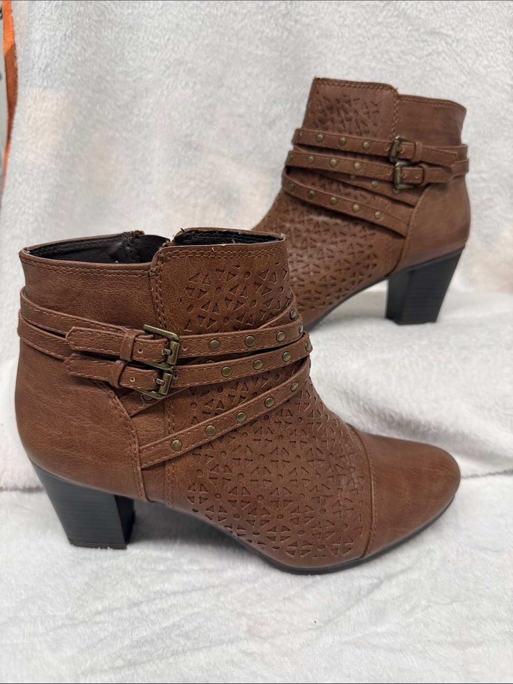 Rialto Chestnut Brown Perforated Leather Ankle Boots with Strap Detail